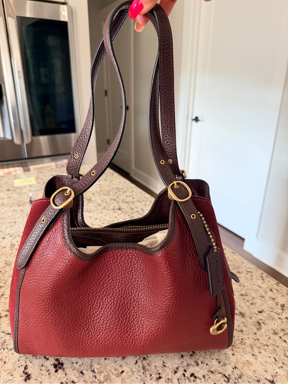 Coach Pebbled Leather Shoulder Bag in Burgundy with Dark Brown Trim